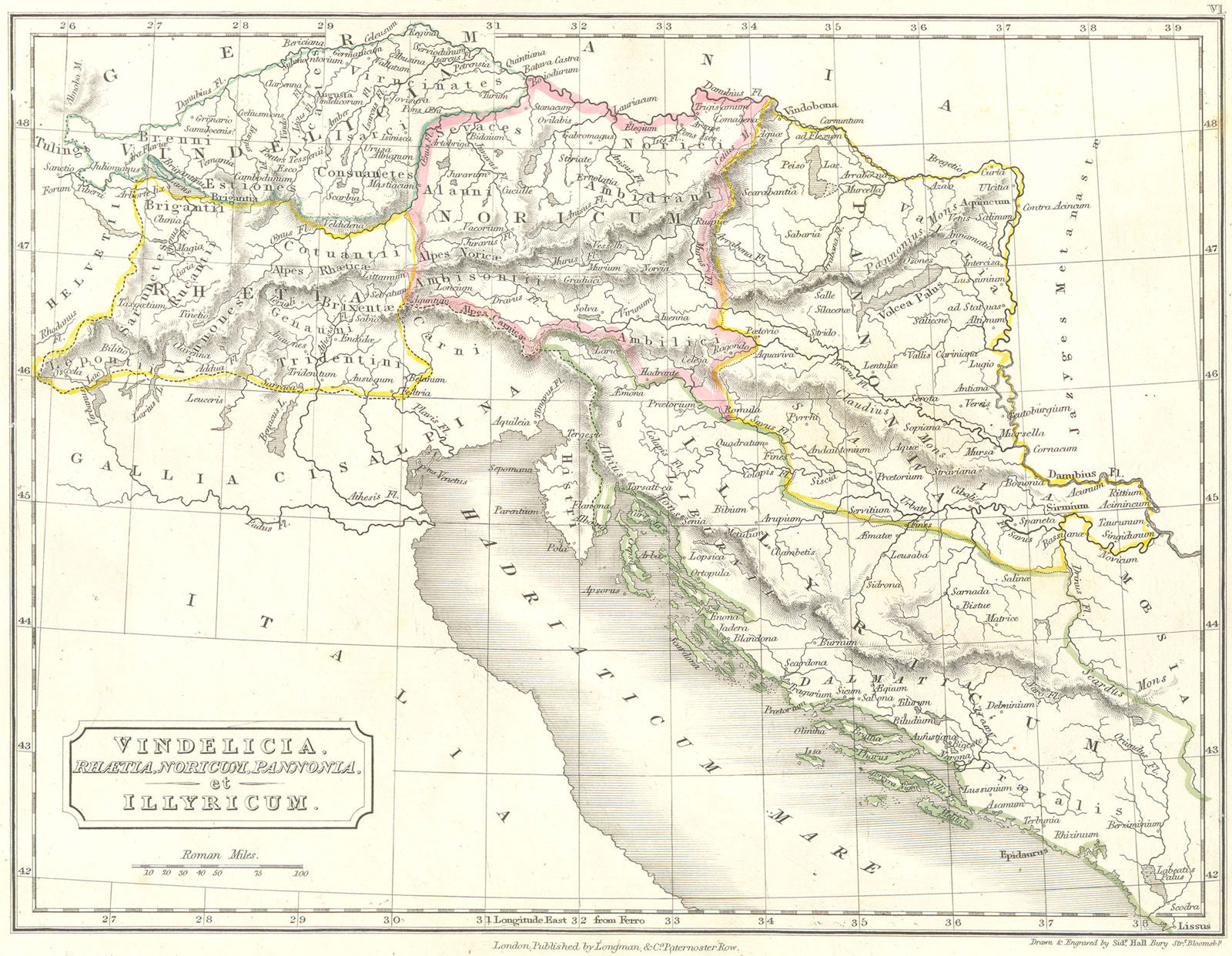 BALKANS. Rhaetia, Noricum, Pannonia, Illyricum 1847 old antique map plan chart